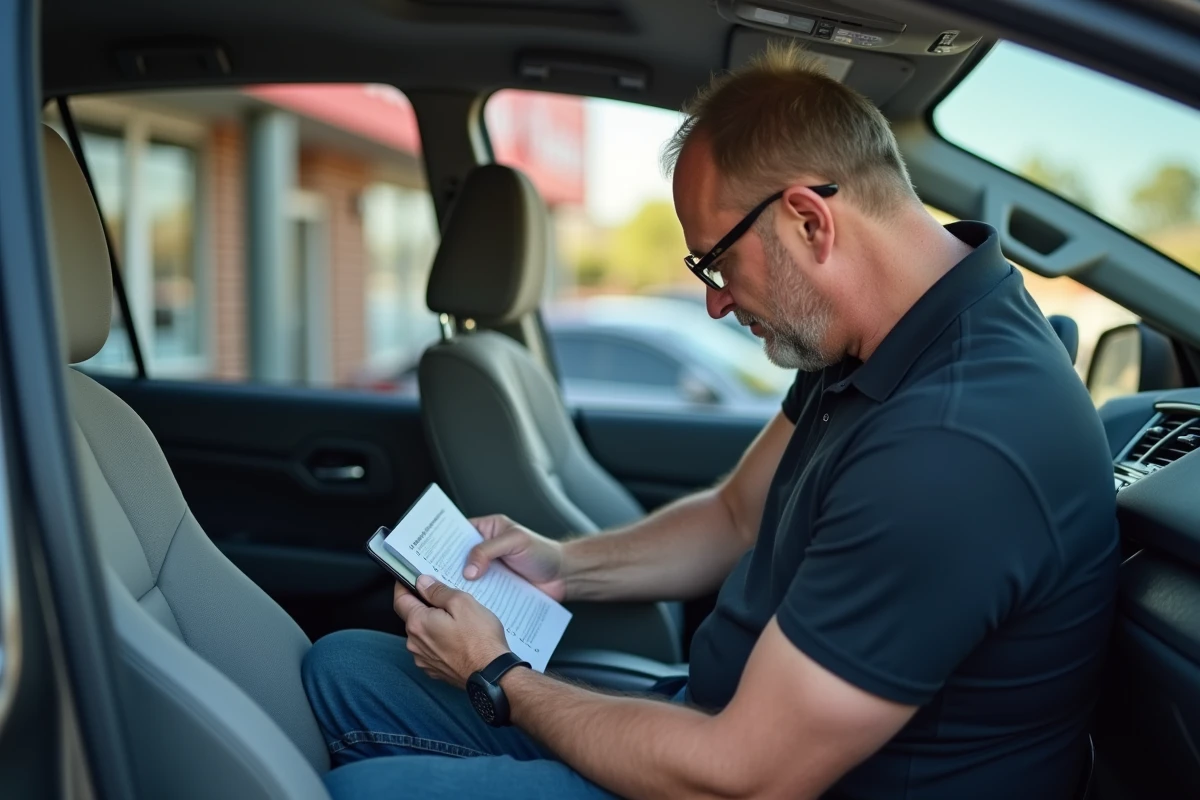 Homme lisant une revue technique automobile téléchargée en PDF sur smartphone dans une voiture garée