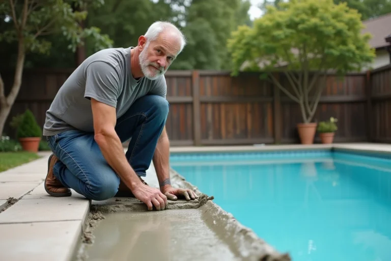 Homme en jeans appliquant du ciment dans une piscine vide