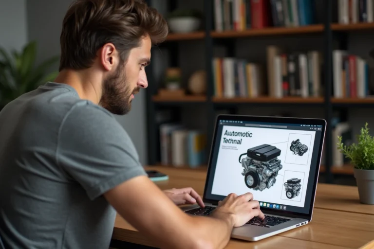 Homme consultant une revue technique automobile en PDF sur son ordinateur portable dans un bureau à domicile