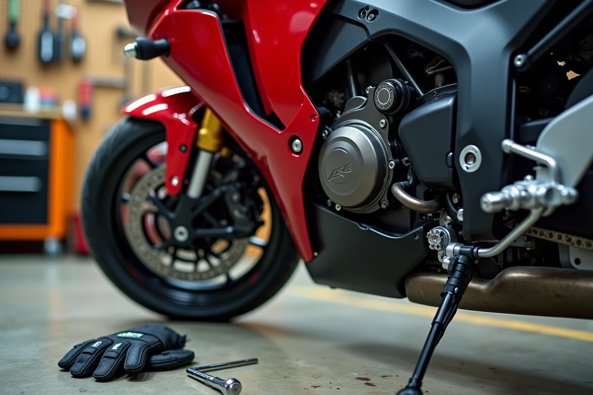 Détail du moteur et des carénages inférieurs d'une Honda CBR600RR avec kit de bridage installé dans un atelier moto bien équipé