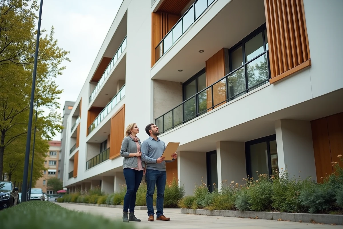 Couple de propriétaires devant un immeuble résidentiel éligible au dispositif Pinel en milieu urbain français