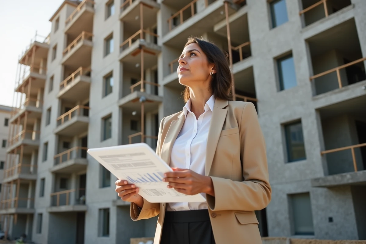 Investisseuse immobilière évaluant un immeuble en construction dans le cadre d'une stratégie propco