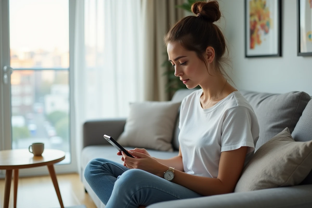 Jeune femme rédigeant un e-mail au support Avast depuis son salon sur smartphone