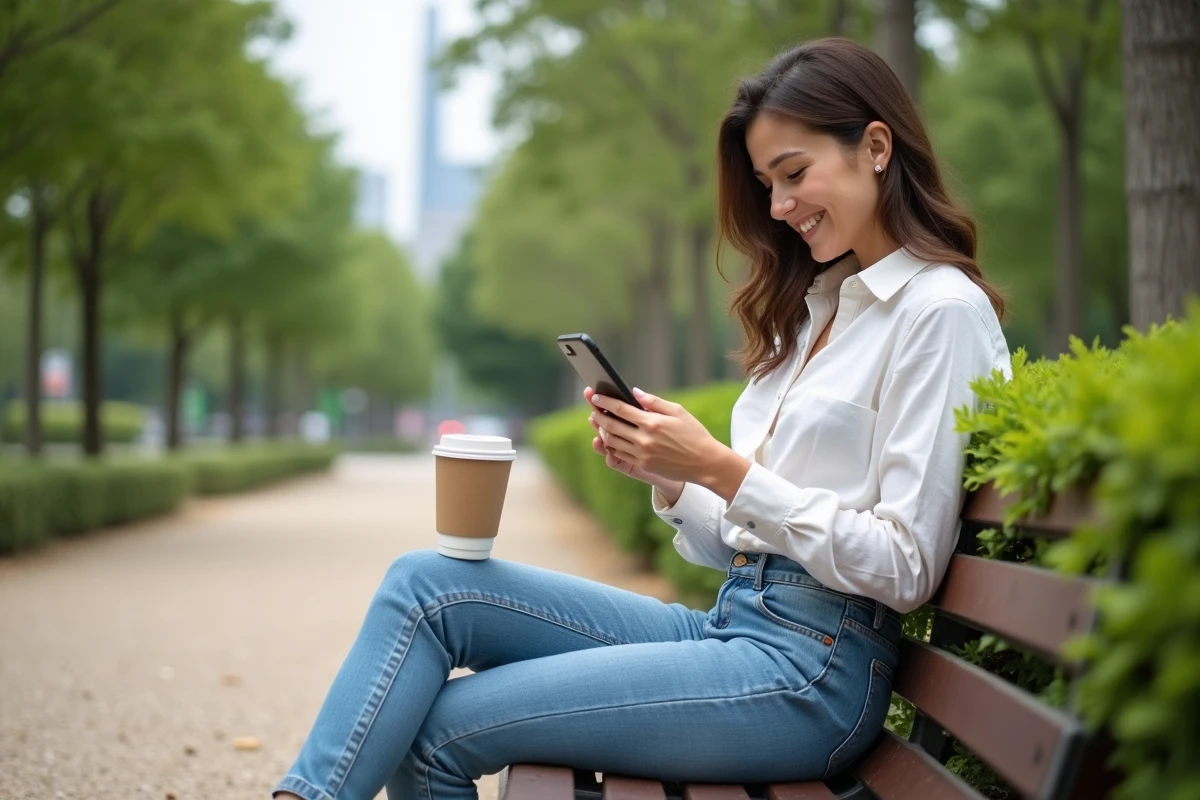 Jeune femme consultant des offres d'emploi à horaires réduits sur son smartphone dans un parc urbain