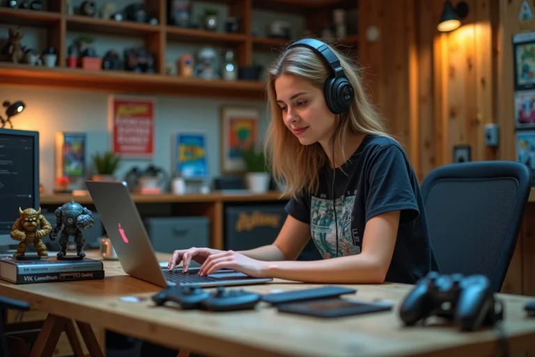 Jeune femme concentrée à son bureau avec figurines et tech