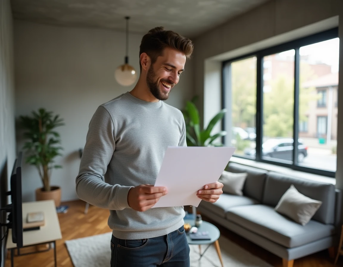 Jeune locataire examinant un contrat de location dans un appartement bien entretenu géré par une agence