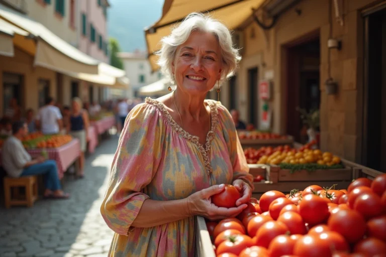 Femme italienne souriante choisissant des tomates mûres au marché