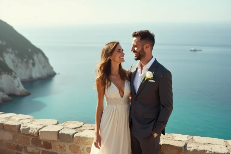 Couple de mariés posant sur le Rocher de Gibraltar avec vue panoramique sur la mer Méditerranée et la côte espagnole