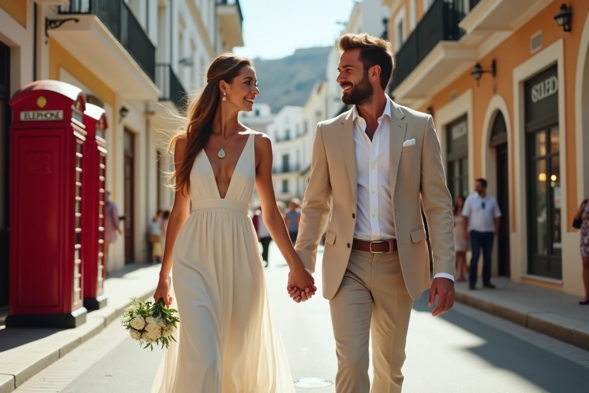 Couple de jeunes mariés se promenant dans la rue principale de Gibraltar entourée d'architecture coloniale britannique