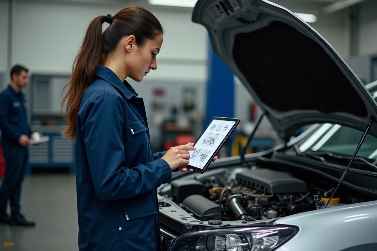 Mécanicienne consultant une revue technique automobile gratuite en PDF sur tablette dans un garage