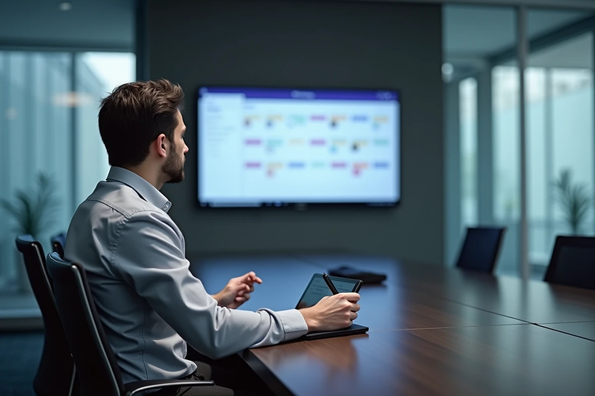 Professionnel en salle de réunion corporate utilisant Microsoft Teams sur grand écran avec intégration Microsoft 365