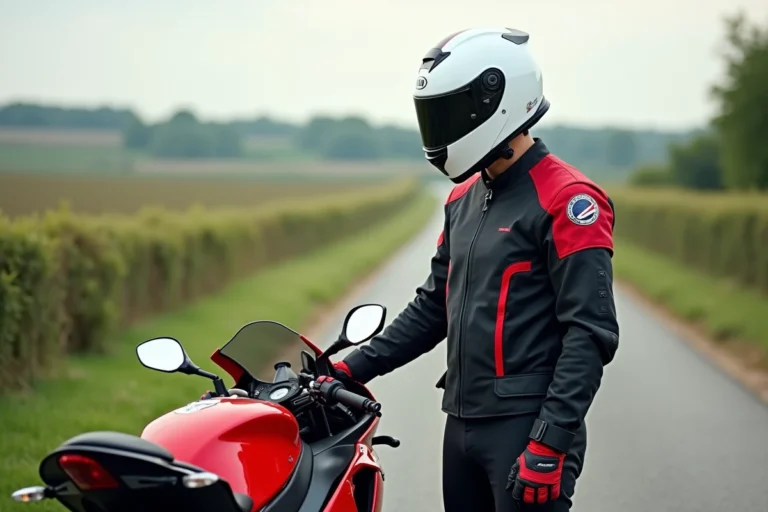 Jeune motard en veste textile debout à côté d'une Honda CBR600RR rouge et noire garée sur une route asphaltée avec paysage rural flou en arrière-plan