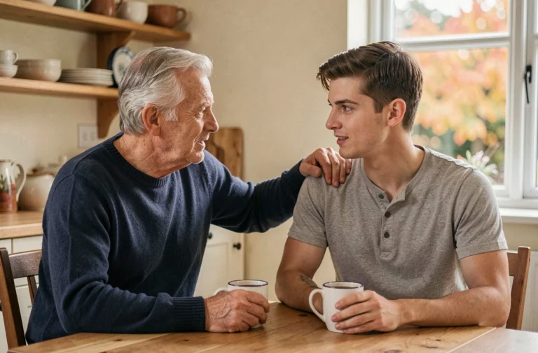 Père et fils adulte assis à une table de cuisine en bois, le père posant affectueusement la main sur l'épaule de son fils lors d'une conversation sincère