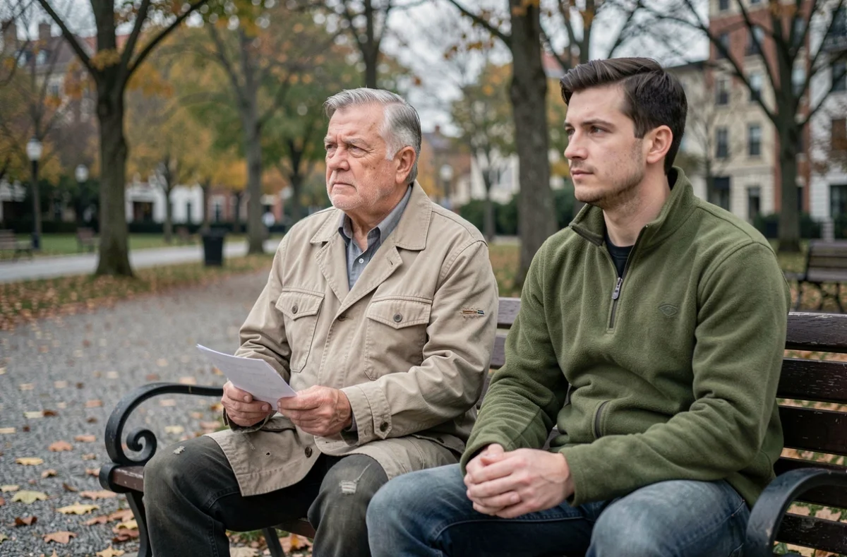 Père et fils adulte assis côte à côte sur un banc de parc en automne, partageant un moment de réflexion silencieuse et de rapprochement émotionnel
