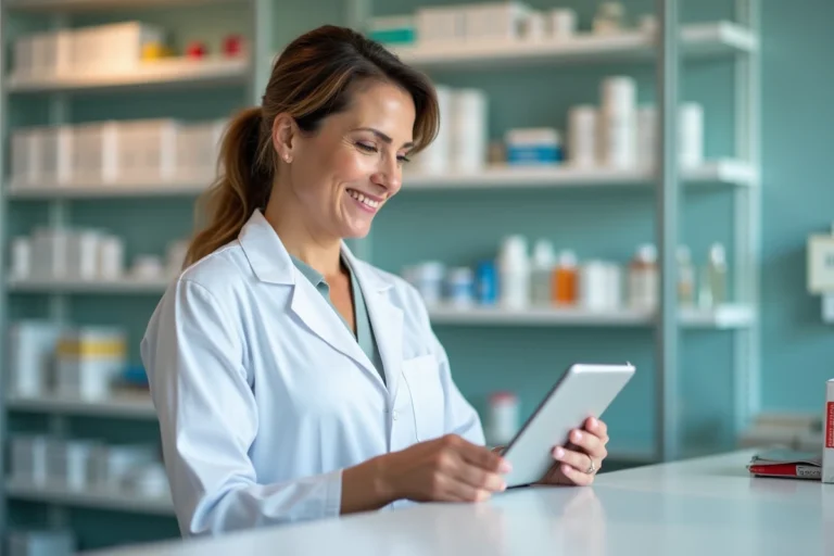 Pharmacienne en blouse blanche dans une pharmacie moderne