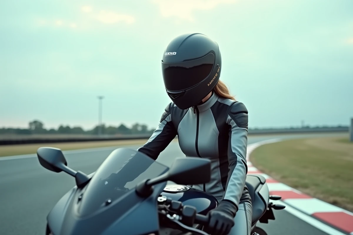 Jeune femme pilote en combinaison moto cuir assise sur une Honda CBR600RR sur un circuit automobile avec ligne droite et virage en arrière-plan