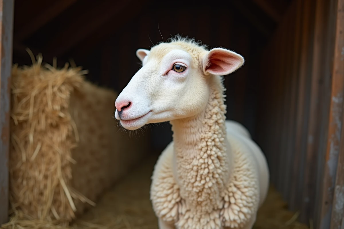 Portrait en trois-quarts d'une brebis Exlana adulte dans une grange rustique, mettant en valeur sa toison partiellement muée