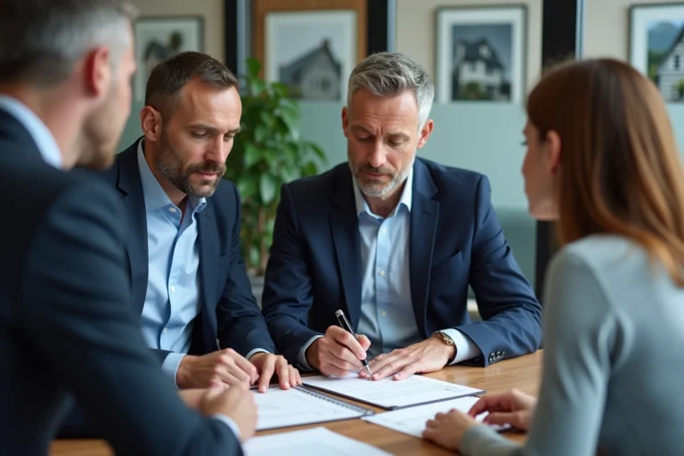 Conseiller immobilier expliquant la prorogation d'un engagement Pinel à un couple lors d'une réunion en agence