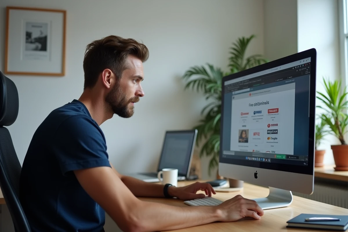 Homme cherchant comment regarder La Flamme en streaming gratuit sur son ordinateur de bureau
