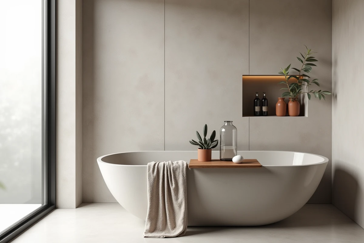 Salle de bain bien-être avec baignoire autoportante en béton, niche en pierre et accessoires naturels pour une atmosphère de spa à domicile