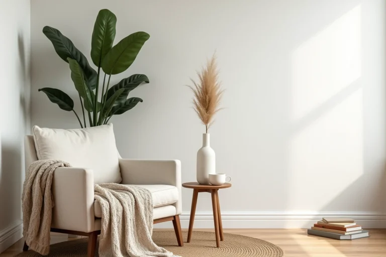 Salon apaisant en style scandinave avec fauteuil en lin, plante verte et décoration naturelle minimaliste pour un intérieur bien-être
