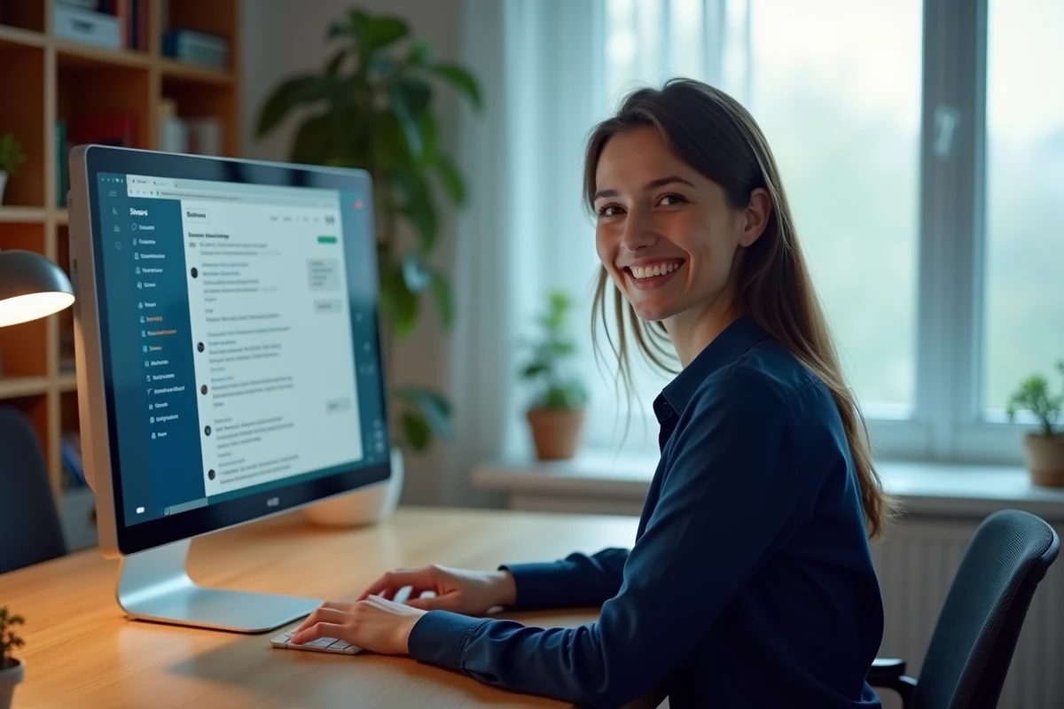 Professionnelle utilisant une interface de messagerie Slack avec des canaux organisés sur son ordinateur de bureau
