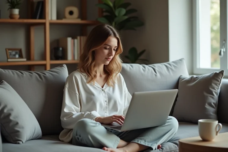Jeune femme regardant une série en streaming gratuit sur son ordinateur portable depuis son canapé
