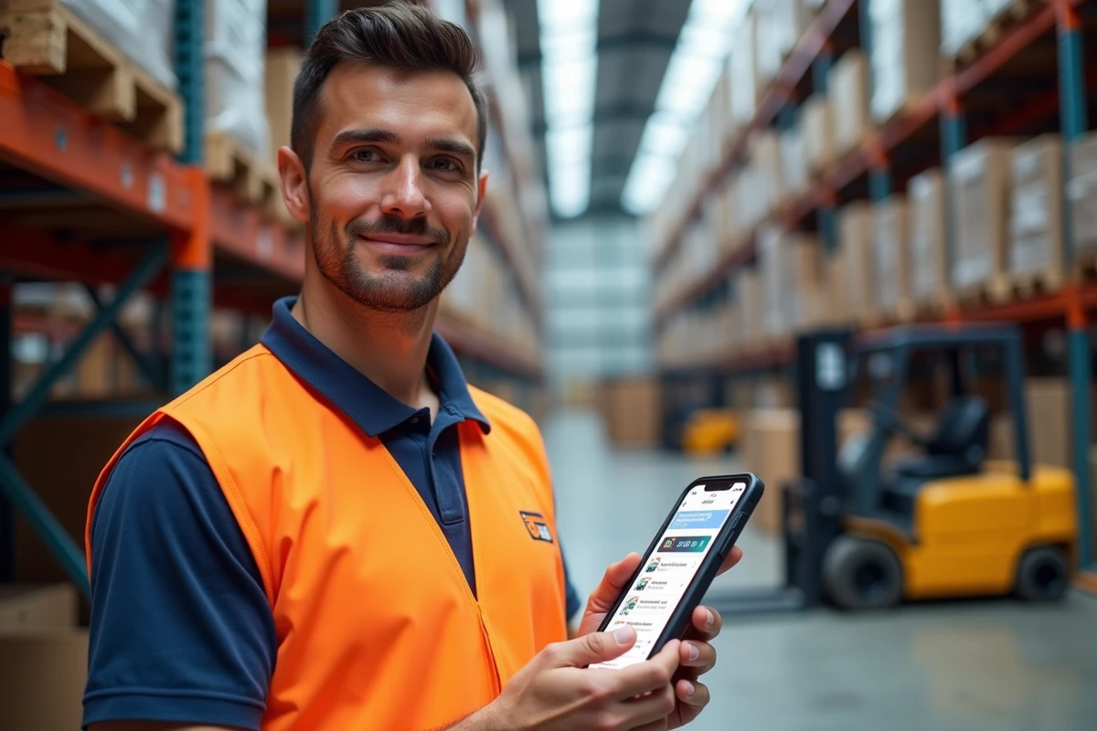 Employé terrain en entrepôt industriel utilisant la plateforme de communication française Talkspirit sur smartphone