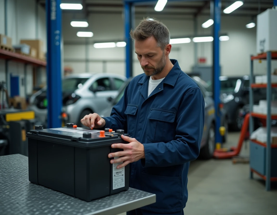 Technicien automobile inspectant une batterie hybride sur un établi dans un garage professionnel