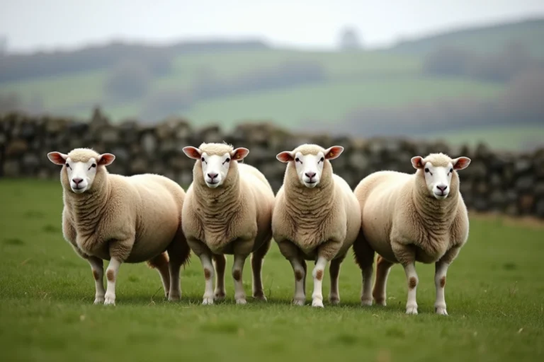 Troupeau de moutons Exlana dans un pâturage vert anglais en automne, montrant leur toison automuante distinctive
