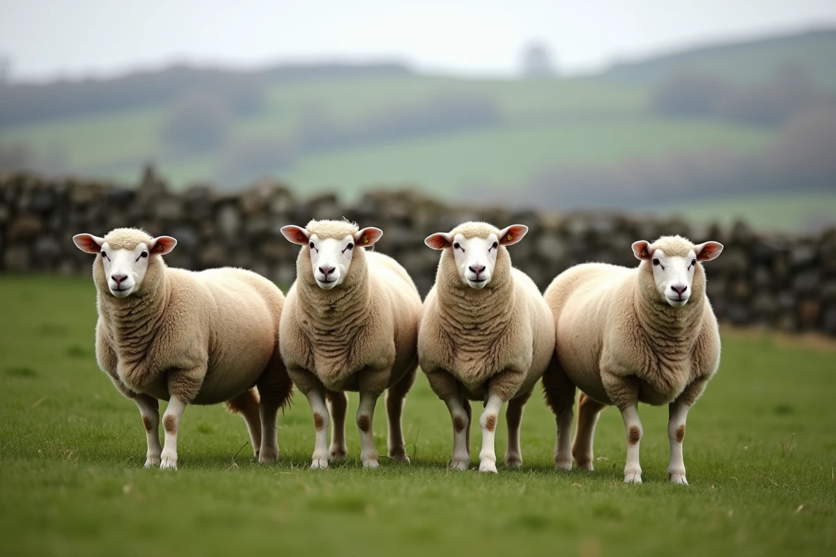 Troupeau de moutons Exlana dans un pâturage vert anglais en automne, montrant leur toison automuante distinctive