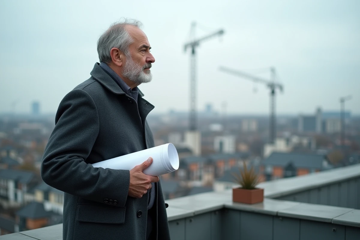 Urbaniste observant un chantier de construction immobilière en banlieue française depuis un toit-terrasse